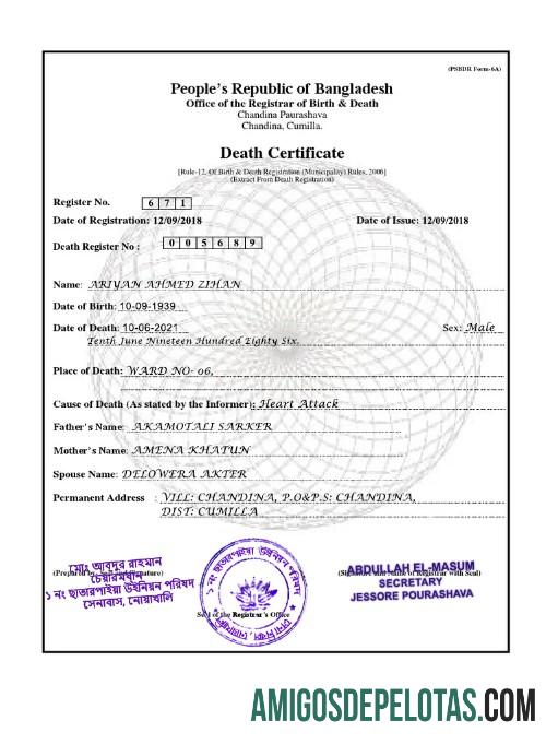 Realista modelo de certidão de óbito de Bangladesh em formato PSD,